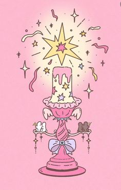 a pink birthday card with a cake on top and stars in the sky above it