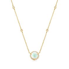 Ross-Simons - Opal and .18 ct. t. w. Diamond Necklace in 14kt Yellow Gold. 17". This necklace exudes an utterly angelic presence. Features a stunning 8mm round opal cabochon, whose pale-toned iridescence is divinely lit by a surrounding halo of .18 ct. t. w. round brilliant-cut diamonds that also station the cable chain in bezel settings. Crafted in 14kt yellow gold. Springring clasp, diamond and opal necklace. Opal birthstones are the perfect gift for October birthdays. Vintage Opal Necklace, October Birthdays, Opal Birthstone, Necklace Opal, Jewelry Clasps, Opal Color, Natural Gold, Opal Necklace, Fine Jewellery Necklace