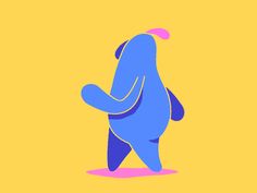 a blue bear standing on its hind legs in front of a yellow background with pink dots