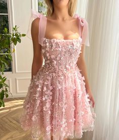 Blooming Serenade Mini Dress | Teuta Matoshi Dresses With 3d Flowers, Pink Homecoming Dresses Short, 2 Piece Homecoming Dress, Dresses Short Pink, Pink Homecoming Dresses, Teuta Matoshi, Fest Outfits, Dresses Beaded, Pink Homecoming