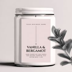 a white jar filled with vanilla and bergamot