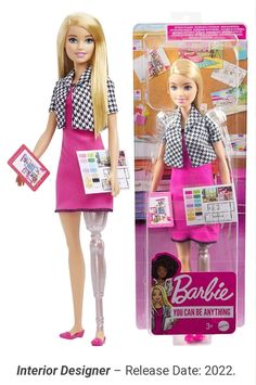 barbie doll with pink dress and black and white checkered shirt, holding a clipboard