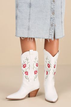 Allison White Embroidered Mid-Calf Western Boots Cute Boots, Heel Boots, High Heel Boots, Western Boots, Floral Embroidery, Mid Calf, High Heel, Block Heels, Apparel Accessories