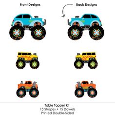 four different types of monster trucks with the names and numbers in each one's colors