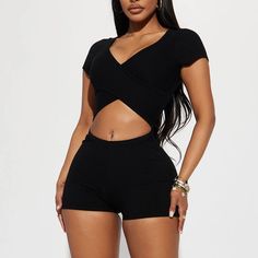 Ribbed Short Sleeve V Neck Cut Out Stretch Ribbed Shorts, Fashion Nova Pants, Birthday Photoshoot, 30th Birthday, Women Tops, Fashion Nova, Pant Jumpsuit, Jumpsuit Romper, Party Ideas