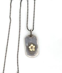 This is a sweet and simple flower dog tag necklace that will stack fabulously with any of my others necklaces, or stand alone too! It's made from a thick solid sterling and it has one of my signature 14K solid gold flowers on the front and hand stamped logo on the back. Perfect to keep spring and summer always in your heart. Chain is a sterling bead chain - 18 inches. This necklace is very well made... by me, and will last lifetimes! PLEASE feel free to email me with any questions! I am always h Flower Dog, Handmade Fine Jewelry, Simple Flower, Heart Chain, Dog Flower, Gold Gift, Bead Chain, Ceramic Jewelry, Dog Tag