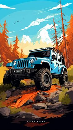 a blue jeep driving down a dirt road next to trees and mountains in the background