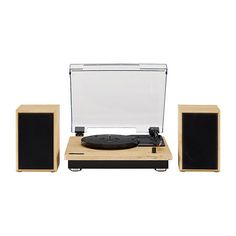 a record player and speakers on a white background