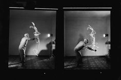 two black and white photographs of men in an empty room with light painting on the wall