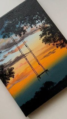 an oil painting of two power lines in front of a colorful sunset with trees and water