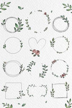 a bunch of green leaves and frames on a white paper with the words love written in it