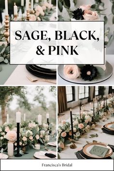 a collage of photos with candles, flowers and black and pink plates on it