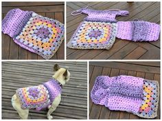 four pictures of a dog wearing a crocheted sweater