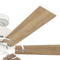 a white ceiling fan with wooden blades on it's sides and two light shades