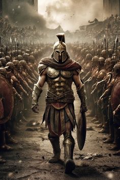 a man in armor walking through a crowd of men wearing helmets and holding swords,