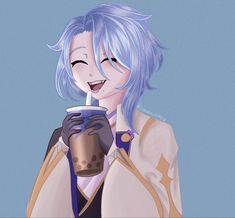 an anime character with blue hair drinking from a cup and holding a cell phone in her hand