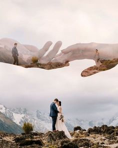 two hands reaching out towards each other to touch the bride and groom's wedding dress