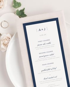 Complement your wedding reception with these classic yet modern wedding menus featuring a monogram and a delicate script. Matches our Sophisticated Modern collection. Shown in navy and smoke, but can be customized to any color on our chart! Perfect for wrapping in a napkin or placing on the center of plate. --------------------------------------------------------------- ♥ PAPER AND PRINTING QUALITY ♥ Our invitations are flat printed on the highest quality cardstock using a commercial press, resu Wedding Invitations Paper, Shine Wedding Invitations, Event Menu, Menu Printing, Commercial Printing, Paper Types, Ceremony Programs, Luxury Paper