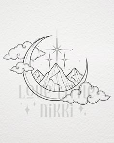 a drawing of the moon with mountains and stars in the sky on top of it