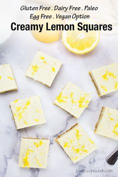 lemon squares are arranged on a marble surface with the words gluten free, dairy free paleo egg free vegan option