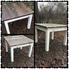 three different pictures of an old table and side table in the woods with leaves on the ground