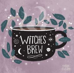 a cup of coffee with witches brew written on the side and leaves around it, in front of a purple background