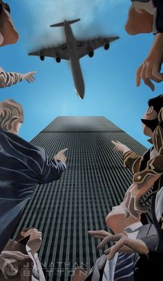 an airplane flying over a group of people in front of a tall building