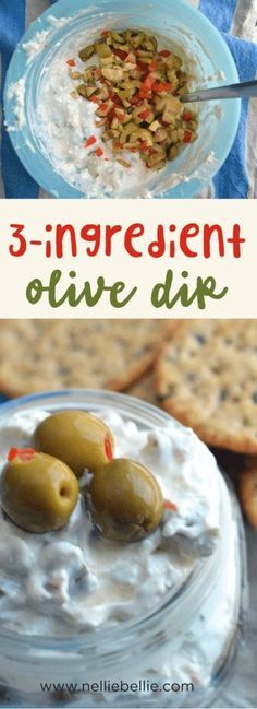 three different types of dips and crackers with text overlay that reads 3 - ingredient olive dip