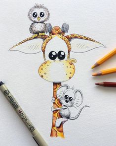 a drawing of a giraffe and a mouse on it's back with pencils next to it