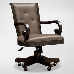 an office chair with wheels and leather upholstered on the back, in front of a white background