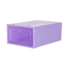 a purple plastic box with a heart on the front and bottom lid, sitting against a white background