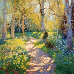 a painting of a path in the woods with flowers and trees on both sides, surrounded by bluebells