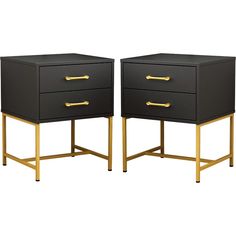 pair of black and gold nightstands with brass handles on each side, one drawer open