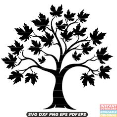 the silhouette of a tree with leaves on it, which is black and white in color