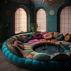 a large round couch sitting inside of a living room next to two windows with lots of pillows on it