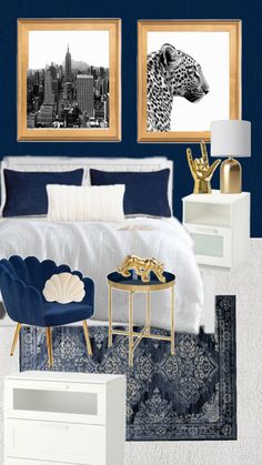 a bedroom with blue walls and pictures on the wall, including a leopard print bed