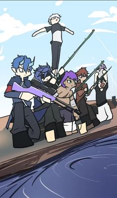 an animated image of people on a boat in the water with fishing rods and poles