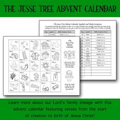 the jesus tree advent calendar is shown in two different colors and font, with an image of