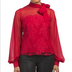 Brand New With Tags! Teri Jon Blouse In Red Elegant Red Evening Top, Elegant Red Top For Evening, Elegant Red Tops For Evening, Elegant Red Tops For Fall, Elegant Red Blouse For Night Out, Elegant Red Party Tops, Chic Red Party Blouse, Feminine Red Blouse For Work, Elegant Red Tops For Spring