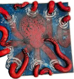 an octopus painting with red tentacles and blue background