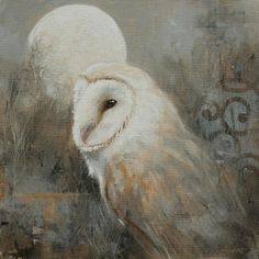 an owl is standing in front of a painting