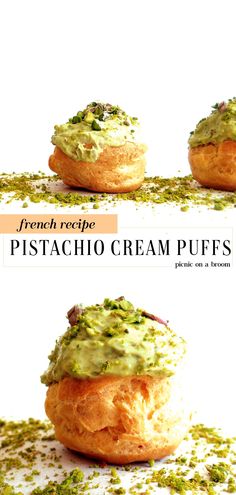 three different views of the same pastry with pistachio cream toppings on top