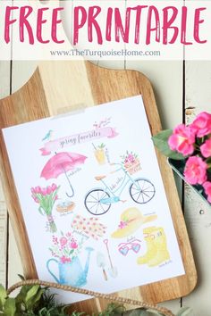 a wooden cutting board with flowers and an umbrella on it, next to a printable poster