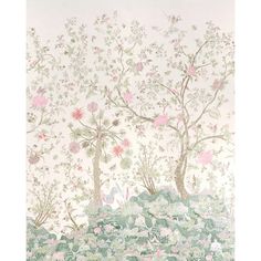 an image of a painting with flowers and trees in the foreground, on a white background