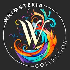 the whimsteria collection logo with colorful swirls and stars on black background