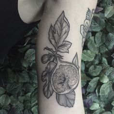 a black and white photo of an apple with leaves on the side of a woman's arm