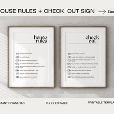 the house rules and check out sign are displayed in front of a white wall with black lettering