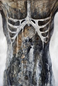 an abstract painting of a human torso with bones hanging from it's back end