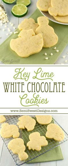 key lime white chocolate cookies on a cooling rack with limes in the background and text overlay that reads key lime white chocolate cookies