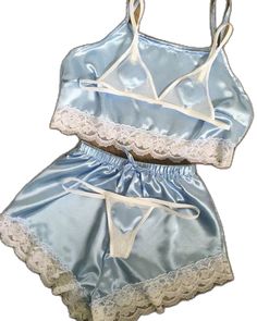 Blue Satin Bedtime Sets, Blue Satin Pajama Party Set, Fitted Lace Trim Sets For Pajama Party, Blue Pyjamas, Satin Pyjamas, Red Pajamas, Pyjama Sets, Satin Pyjama Set, Womens Pyjama Sets